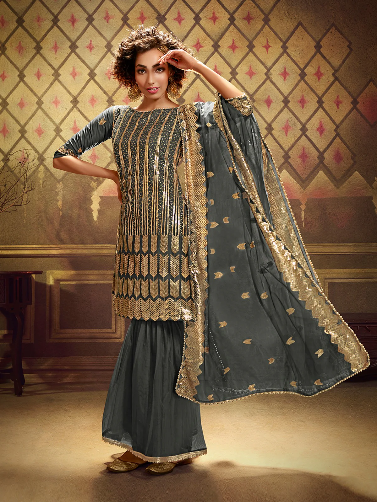Odette Women Grey Soft Net Semi Stitched Kurta Set - Image 2