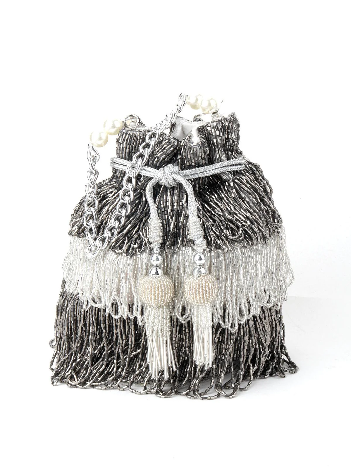 Odette Women Grey-White Tassel Potli - Image 3