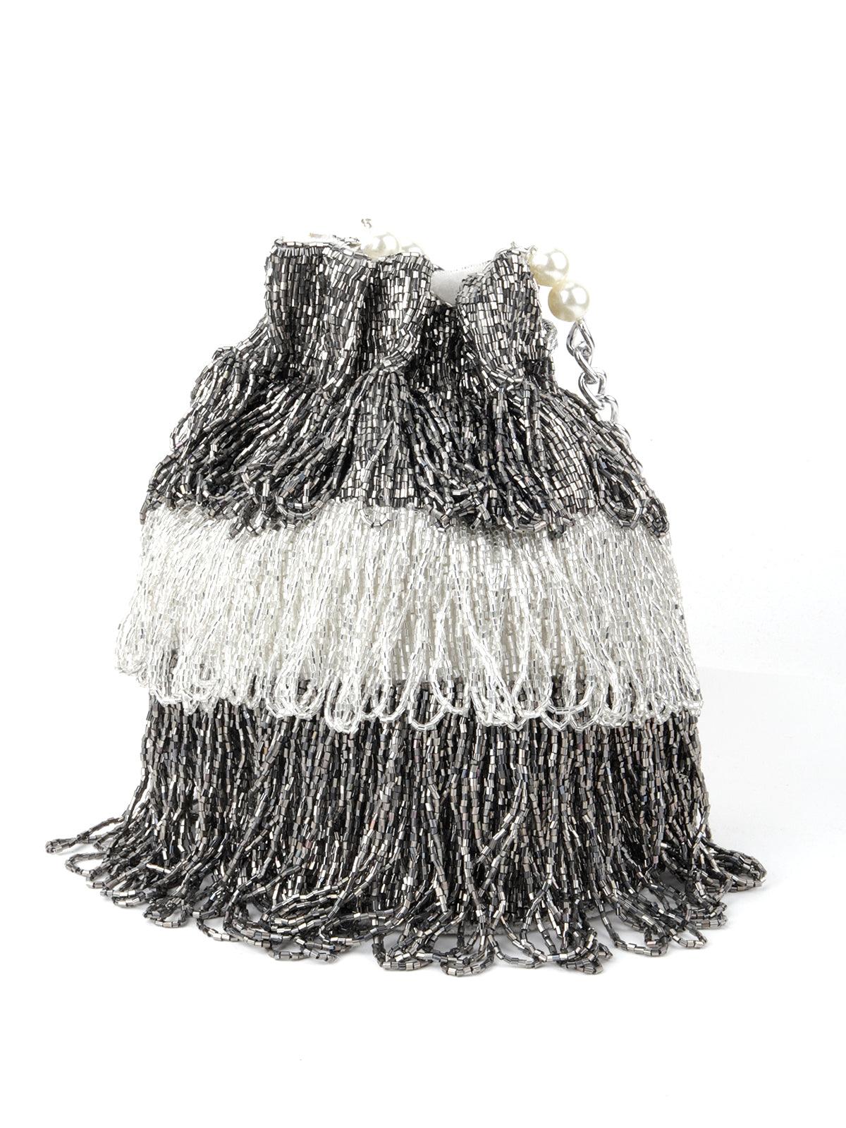 Odette Women Grey-White Tassel Potli - Image 5