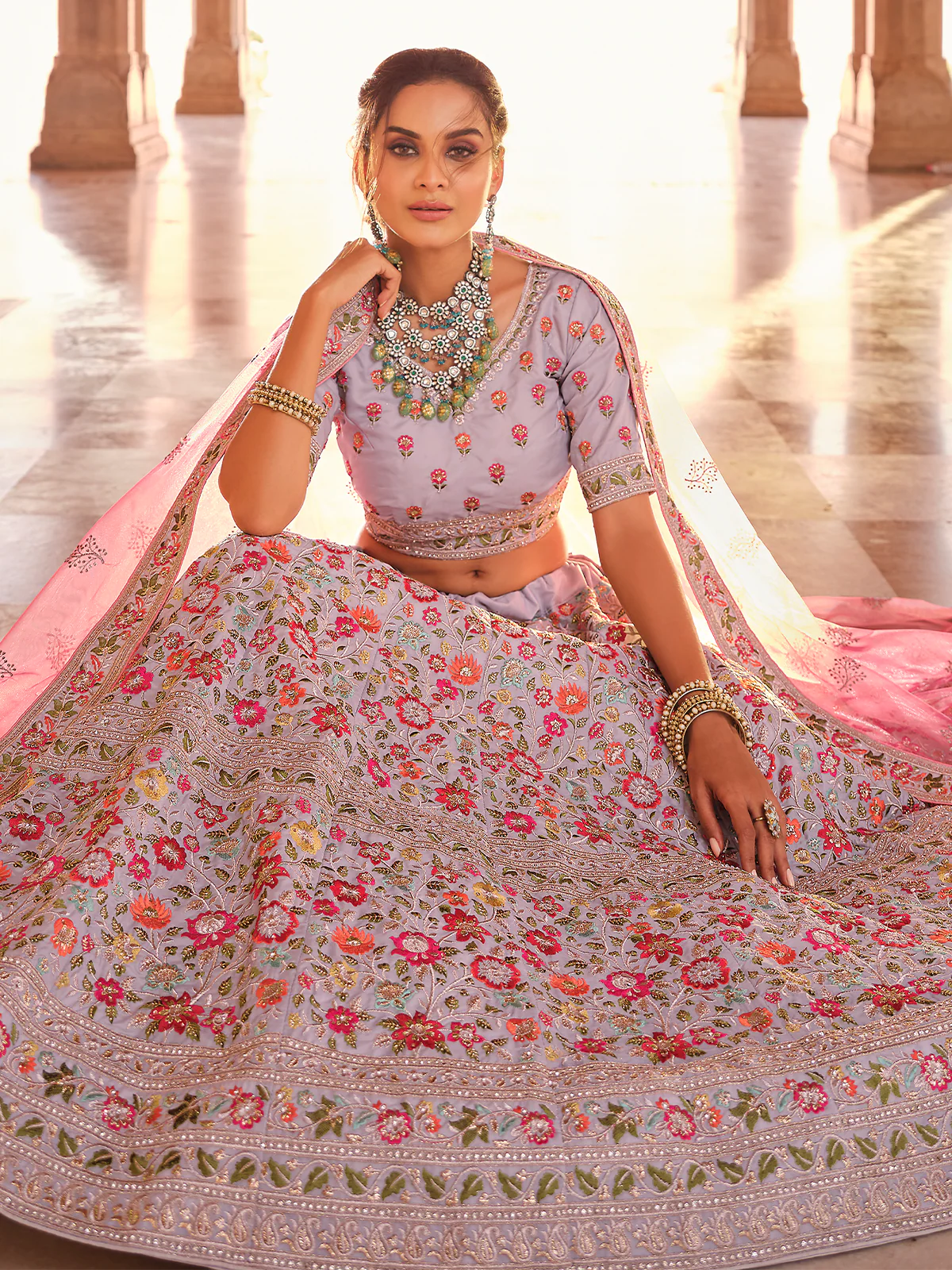 Odette Women Grey Embroidered Crepe Semi Stitched Lehenga With Unstitched Blouse - Image 2