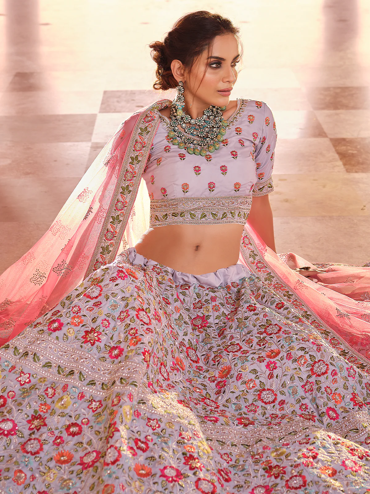 Odette Women Grey Embroidered Crepe Semi Stitched Lehenga With Unstitched Blouse - Image 3