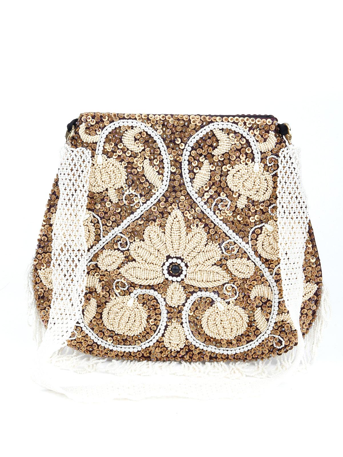 Odette Women Half Moon Shaped Brown Embroidered Sling Bag - Image 3