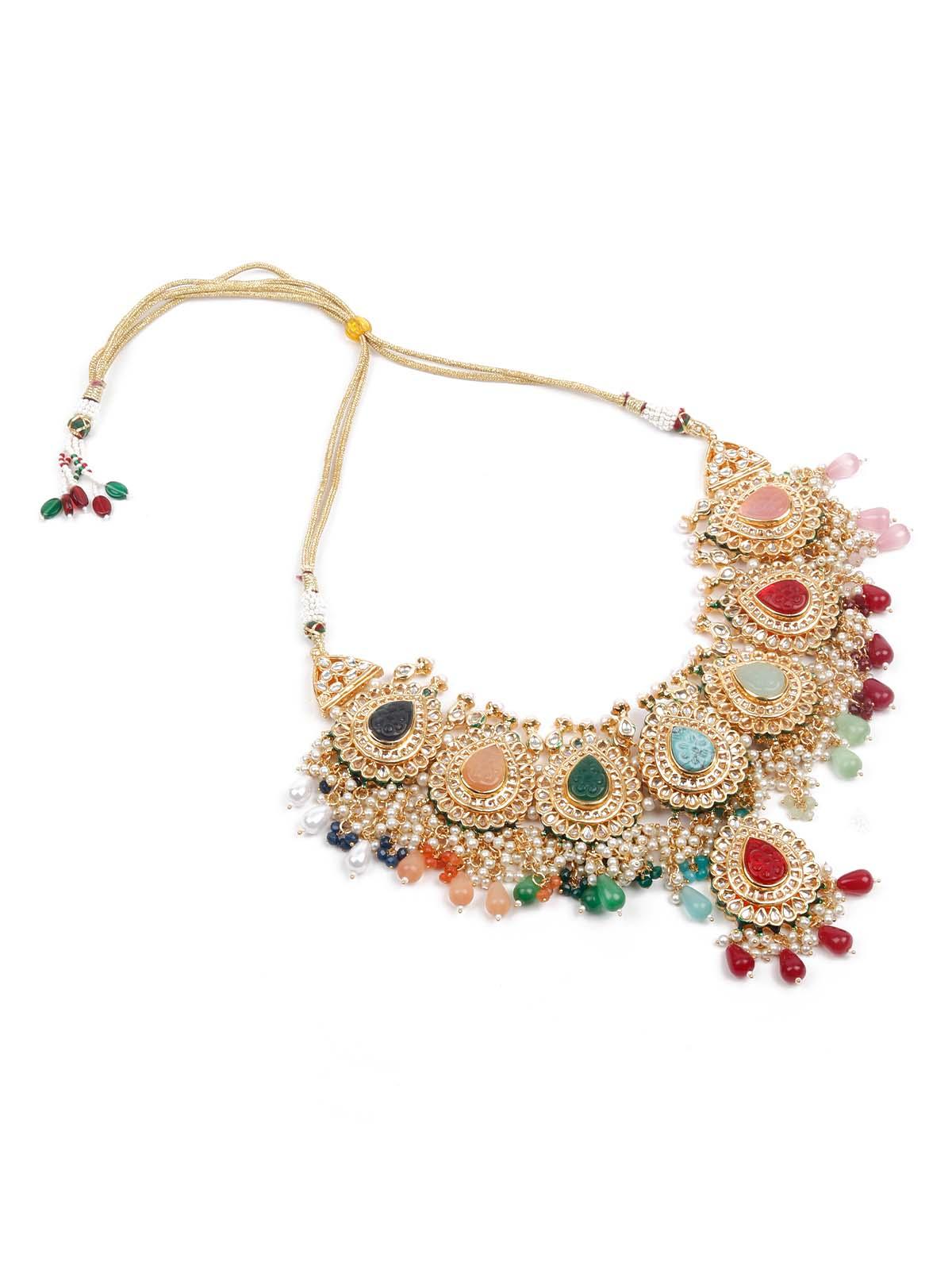 Odette Women Heavy Multicolored Stone Studded Neckpiece Set - Image 4