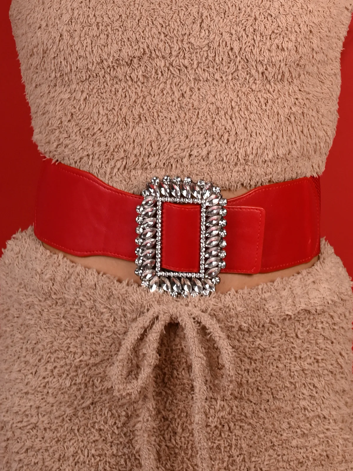 Odette Women Hi-Fashion Red Broad Elastane Embellished Belt - Image 2