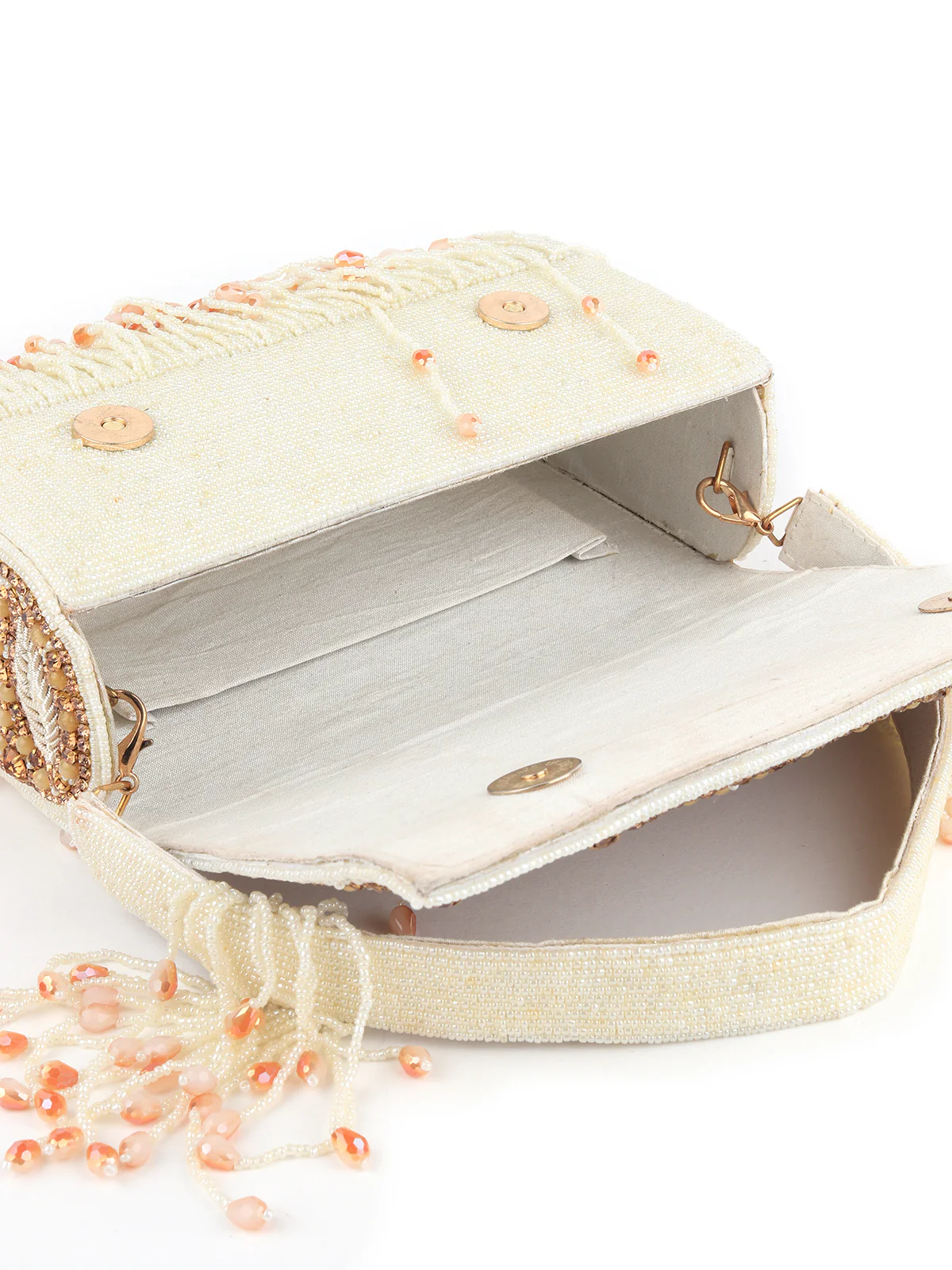 Odette Women Hi-Shine Gold And White Tasseled Clutch Bag - Image 7