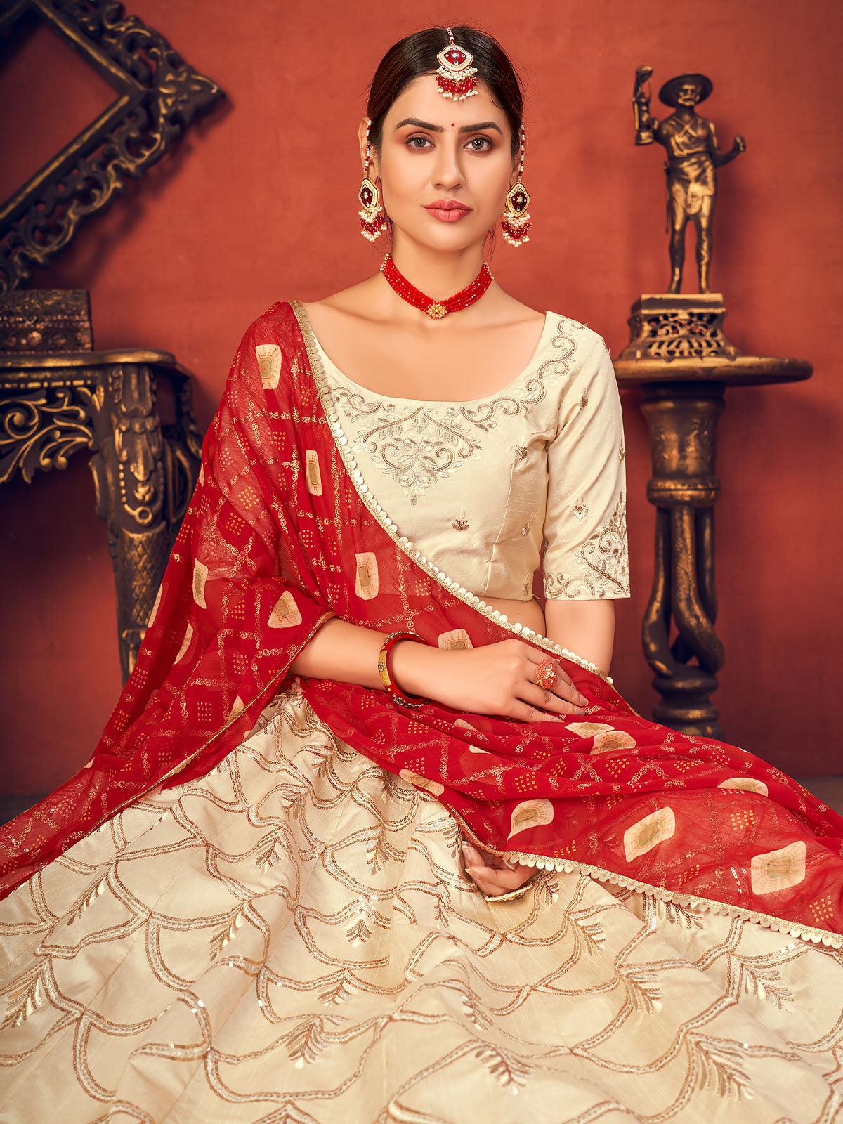 Odette Women Impressive Beige Art Silk Semi Stitched Lehenga With  Unstitched Blouse - Image 3