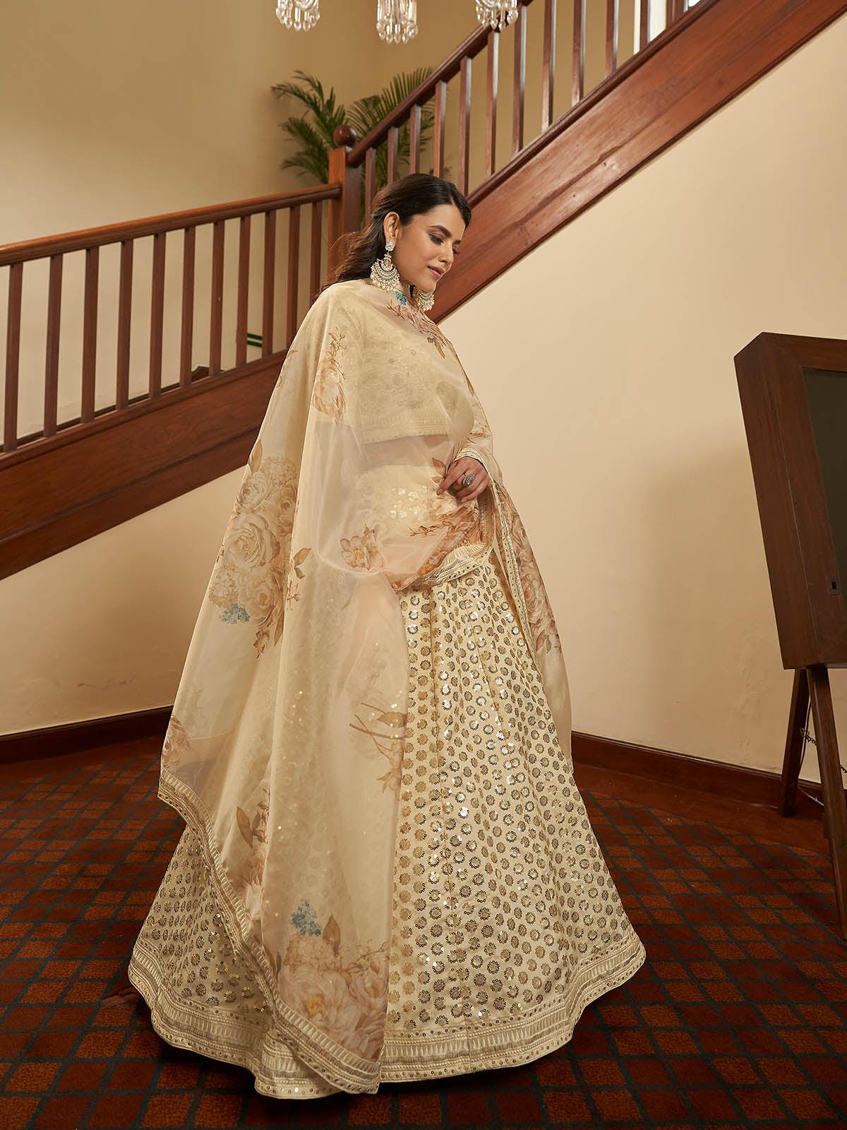 Odette Women Impressive Beige Art Silk Semi Stitched Lehenga With  Unstitched Blouse - Image 3