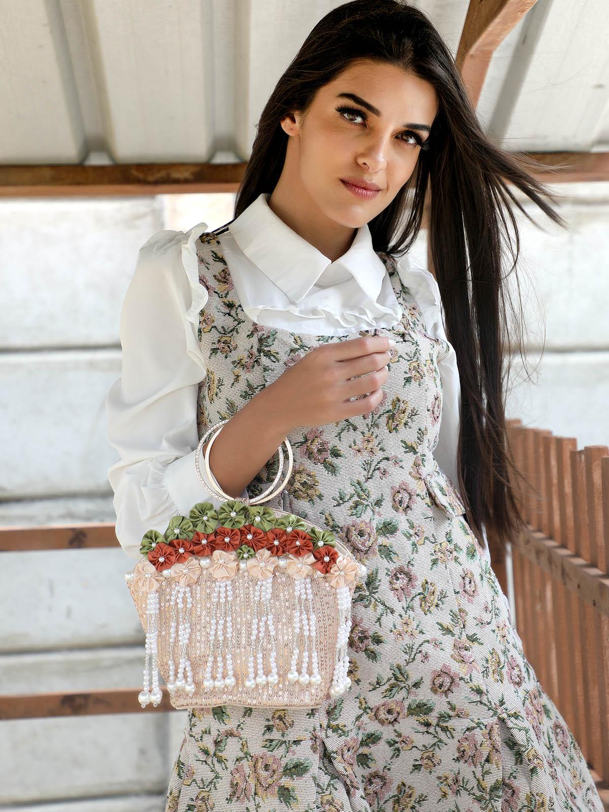 Odette Women Impressive Beige Embellished Clutch - Image 2