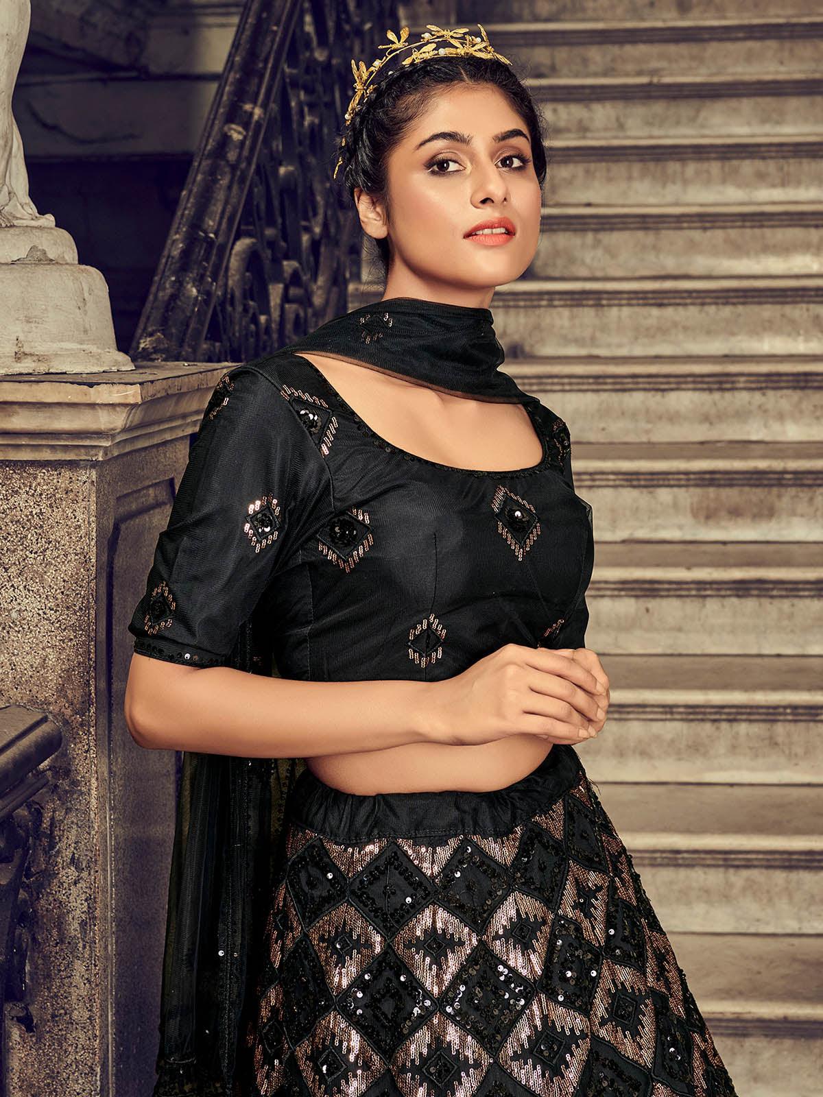 Odette Women Impressive Black Net Sequins Semi Stitched Lehenga With  Unstitched Blouse - Image 2
