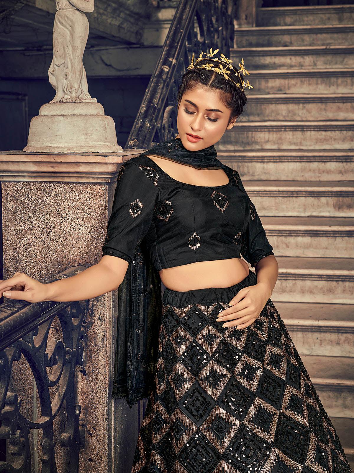 Odette Women Impressive Black Net Sequins Semi Stitched Lehenga With  Unstitched Blouse - Image 3