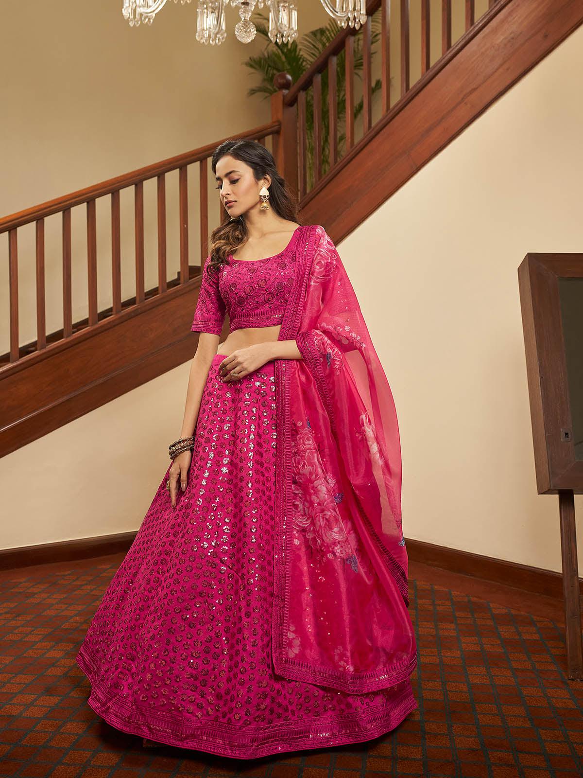 Odette Women Impressive Deep Pink Art Silk Semi Stitched Lehenga With  Unstitched Blouse - Image 3