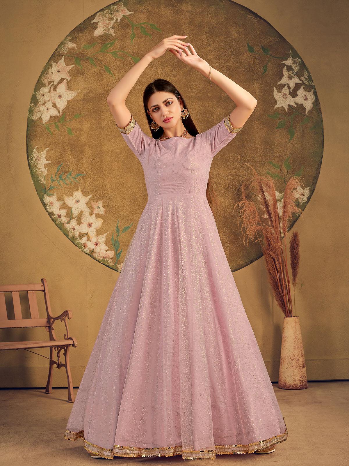 Odette Women Impressive Dusty Pink Net Semi Stitched Gown - Image 3