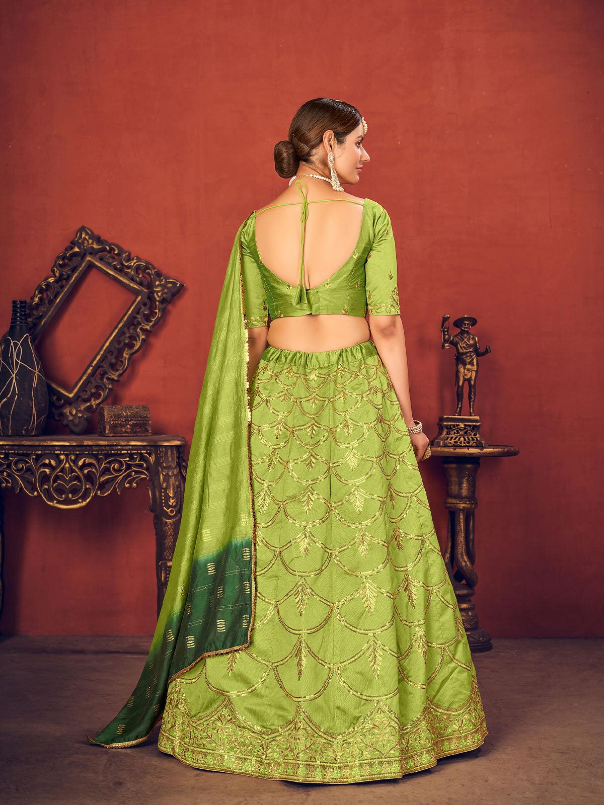 Odette Women Impressive Floracance Green Art Silk Semi Stitched Lehenga With  Unstitched Blouse - Image 4