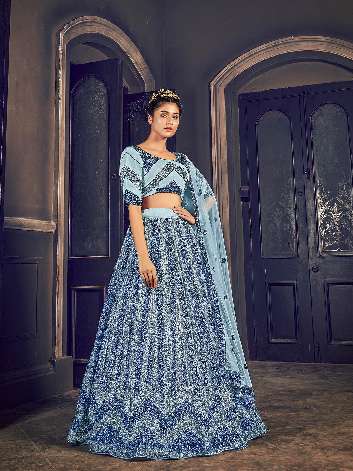 Odette Women Impressive Grey Net Sequins Semi Stitched Lehenga With  Unstitched Blouse - Image 3