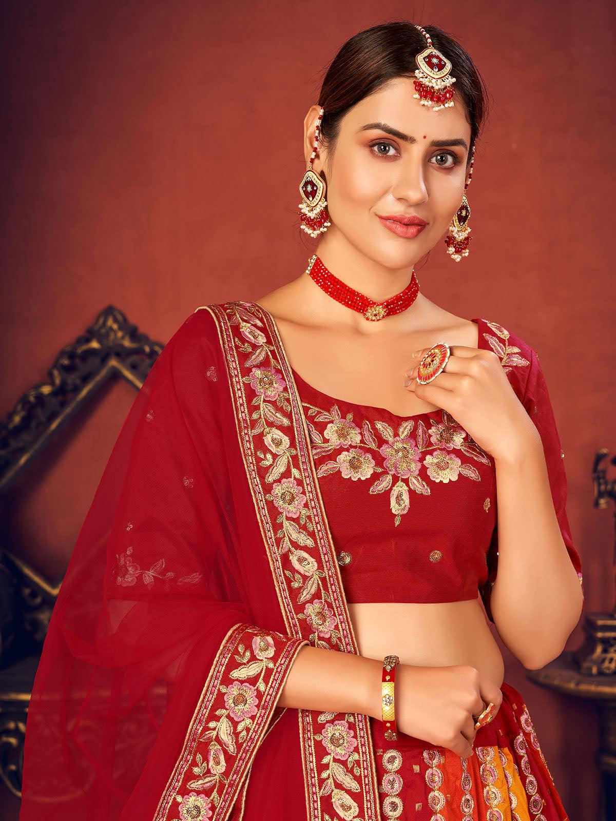 Odette Women Impressive Multi-Colored Art Silk Semi Stitched Lehenga With  Unstitched Blouse - Image 3