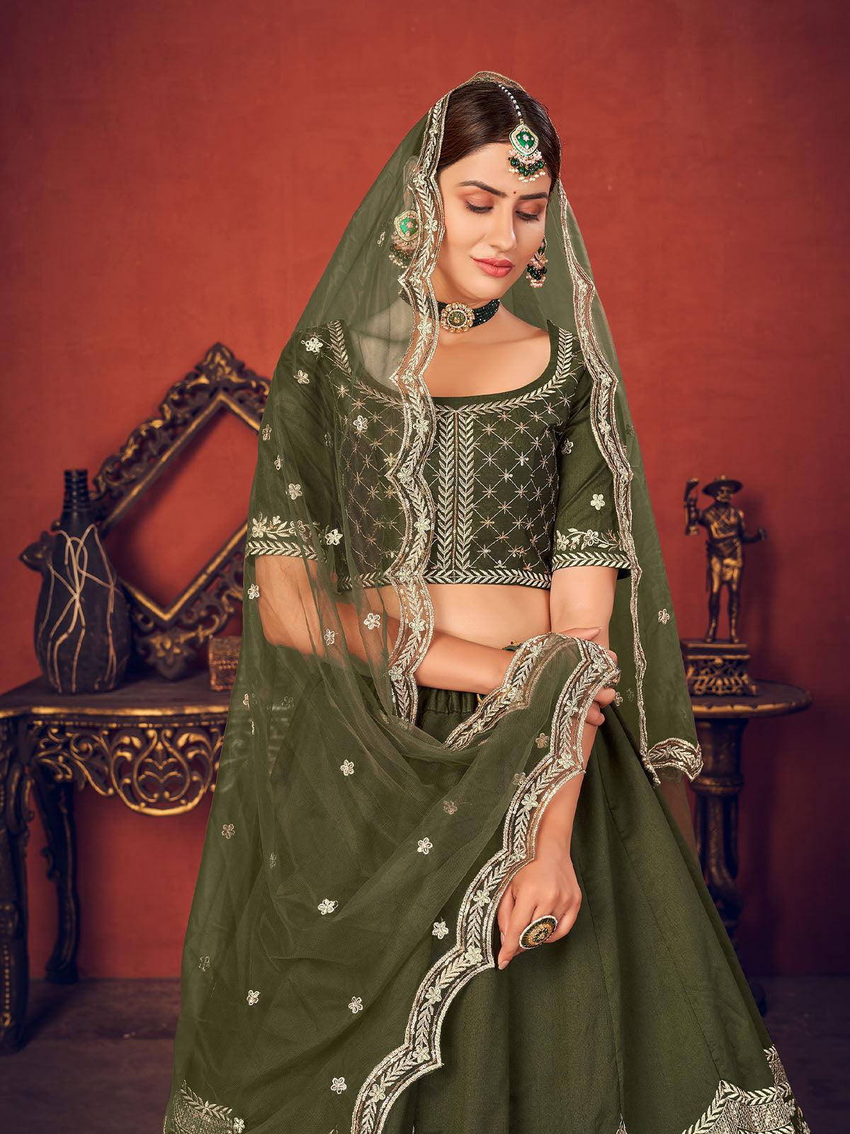 Odette Women Impressive Olive Green Art Silk Semi Stitched Lehenga With  Unstitched Blouse - Image 2