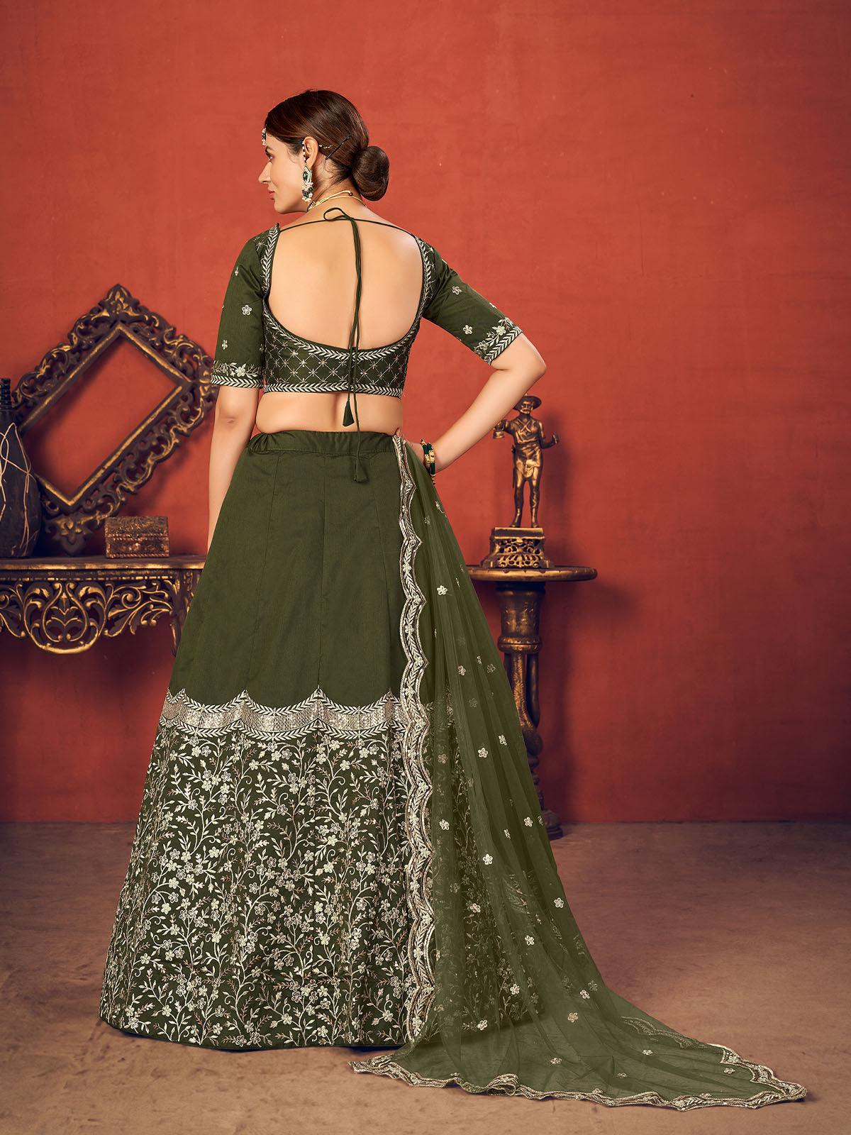 Odette Women Impressive Olive Green Art Silk Semi Stitched Lehenga With  Unstitched Blouse - Image 3