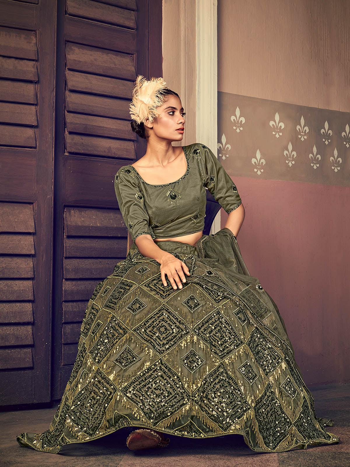 Odette Women Impressive Olive Green Net Sequins Semi Stitched Lehenga With  Unstitched Blouse - Image 2