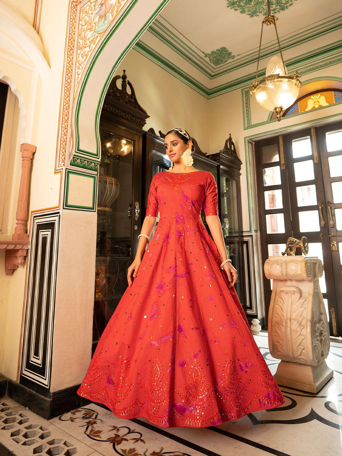 Odette Women Impressive Orange Cotton Semi Stitched Gown - Image 3