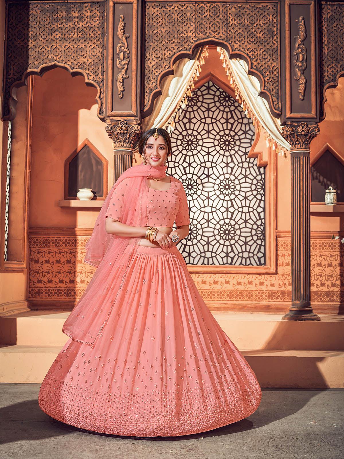 Odette Women Impressive Peach Georgette Semi Stitched Lehenga With  Unstitched Blouse - Image 4