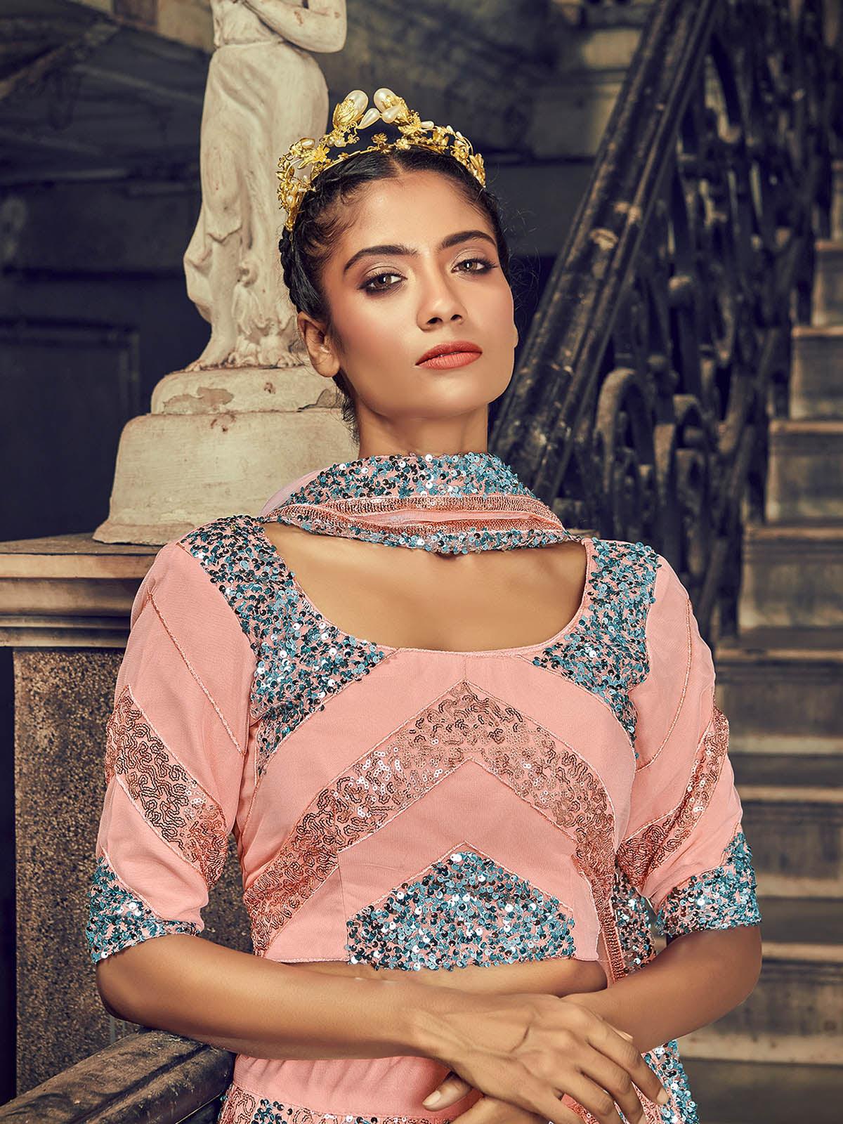 Odette Women Impressive Peach Net Sequins Semi Stitched Lehenga With  Unstitched Blouse - Image 3