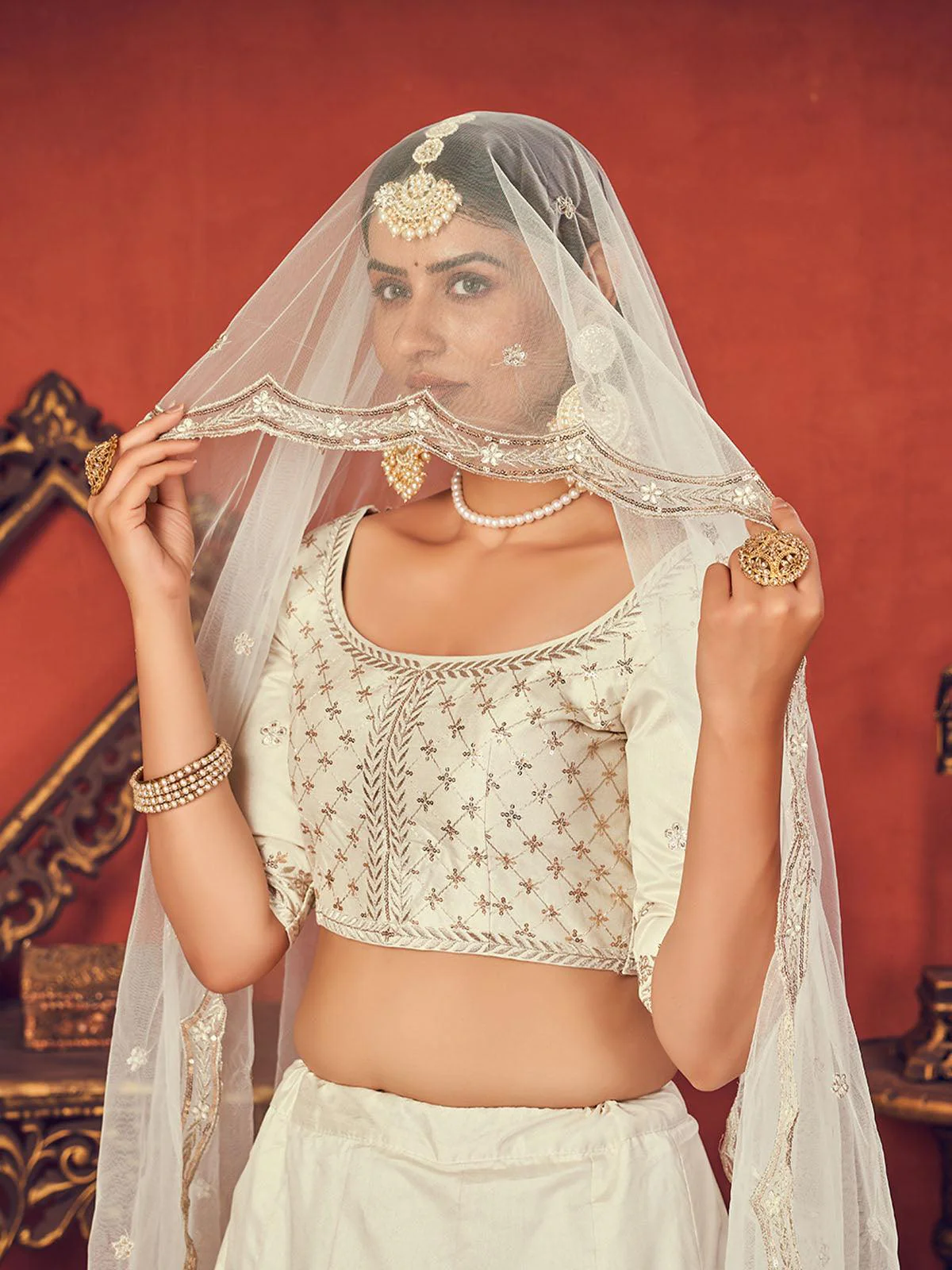 Odette Women Impressive Pearl White Art Silk Semi Stitched Lehenga With  Unstitched Blouse - Image 2