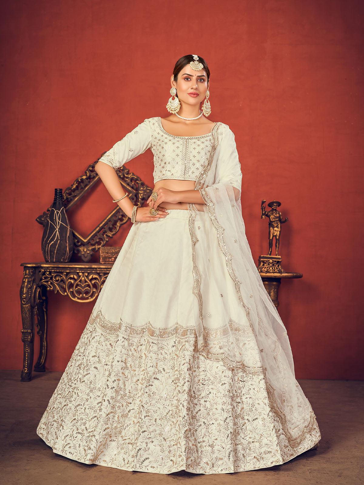 Odette Women Impressive Pearl White Art Silk Semi Stitched Lehenga With  Unstitched Blouse - Image 3