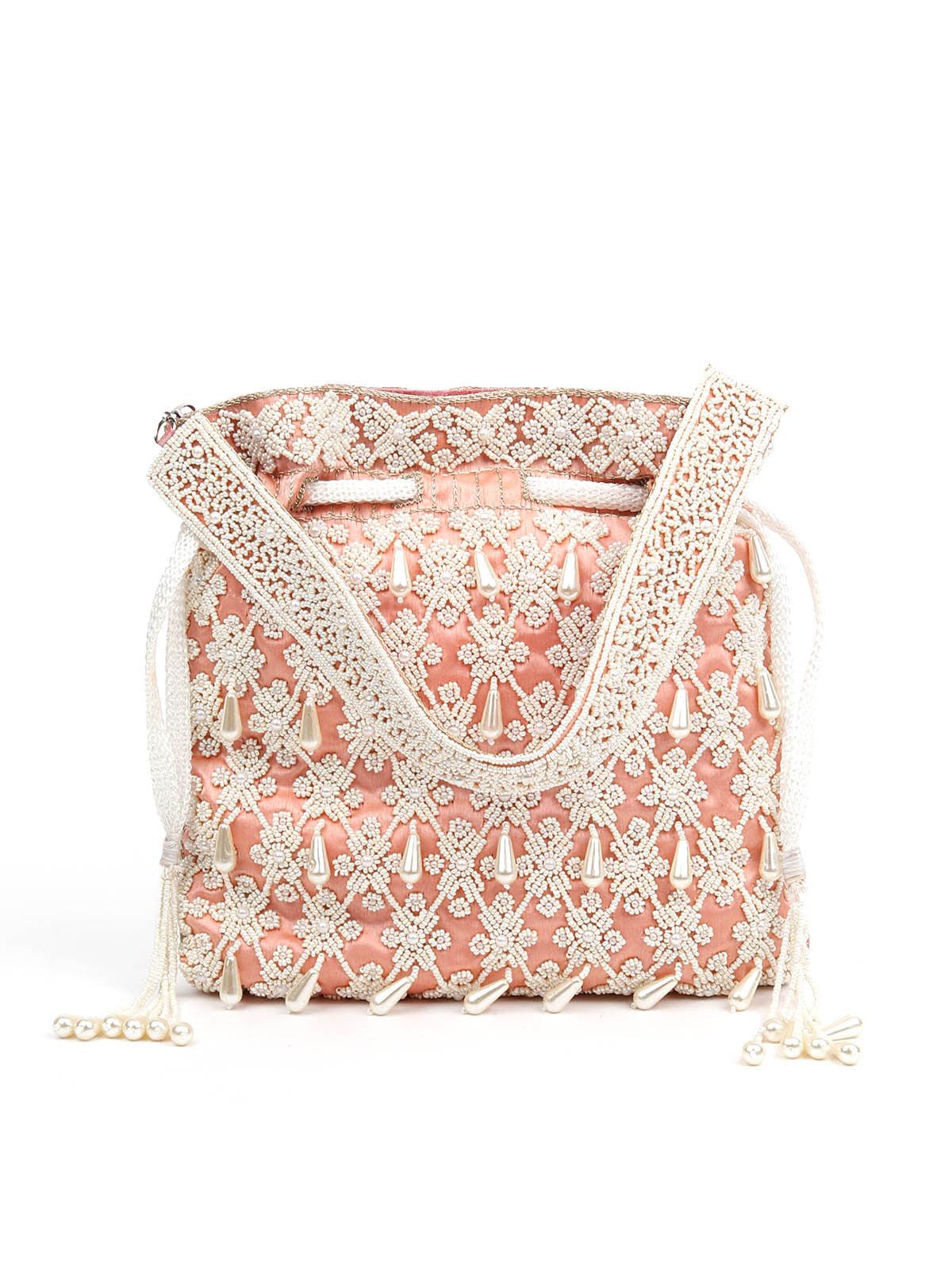 Odette Women Impressive Peach Embroidered Potli - Image 3