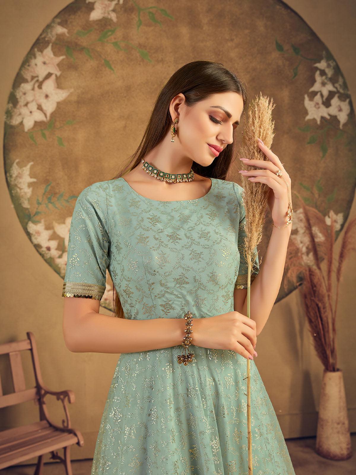 Odette Women Impressive Pista Green Net Semi Stitched Anarkali - Image 3