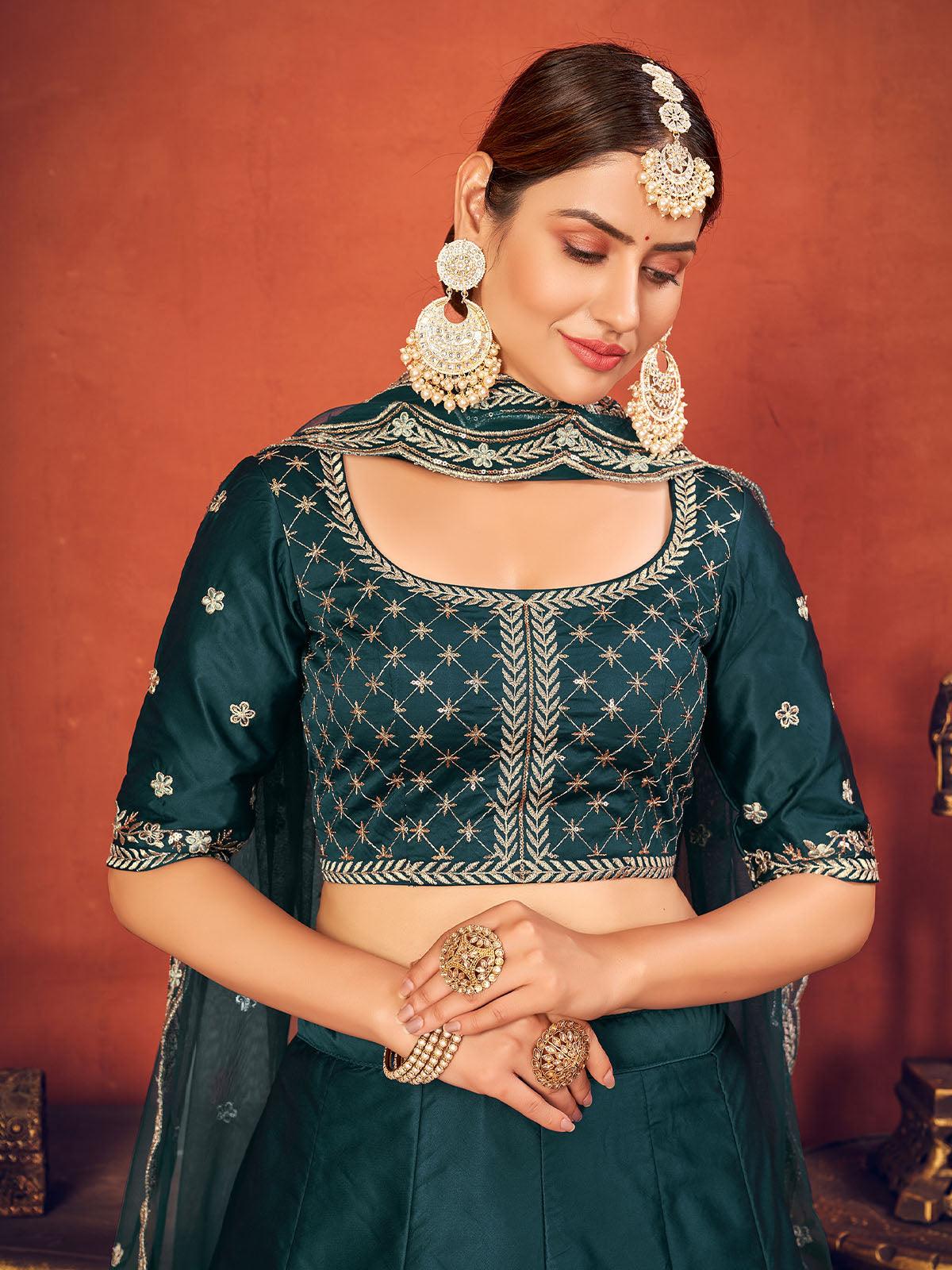 Odette Women Impressive Rama Green Art Silk Semi Stitched Lehenga With  Unstitched Blouse - Image 3