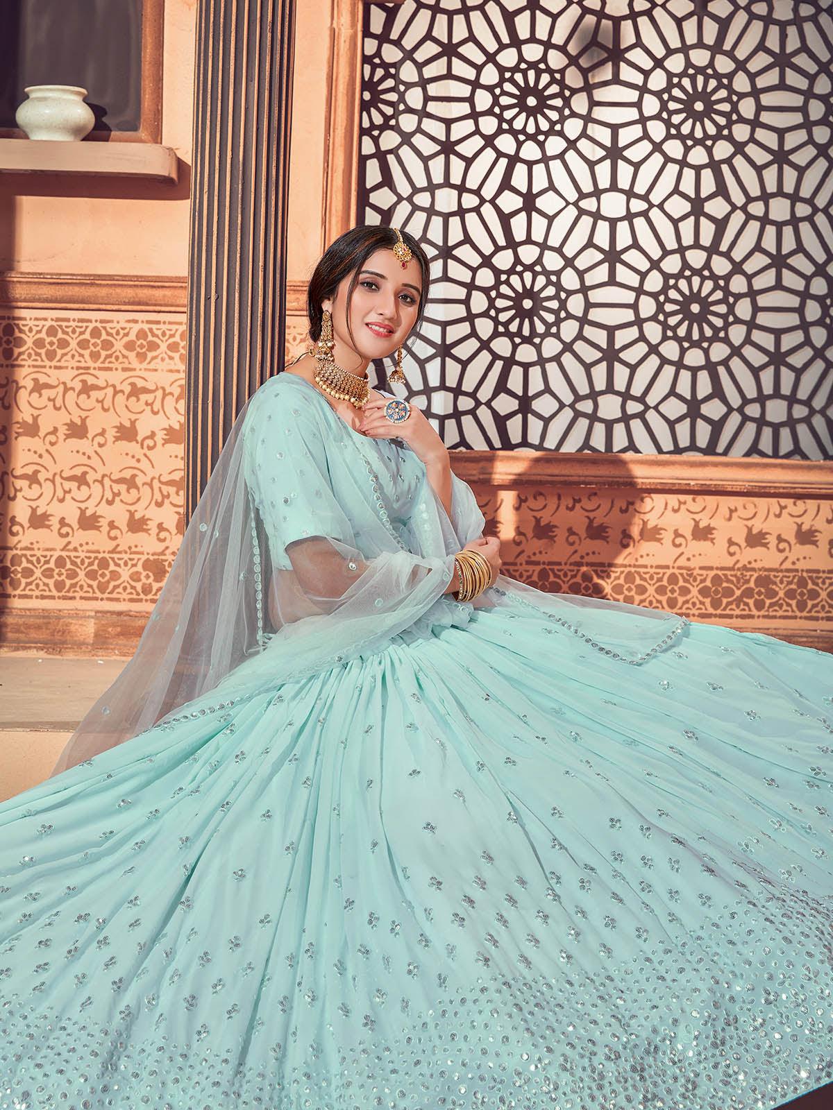 Odette Women Impressive Sky Blue Georgette Semi Stitched Lehenga With  Unstitched Blouse - Image 4