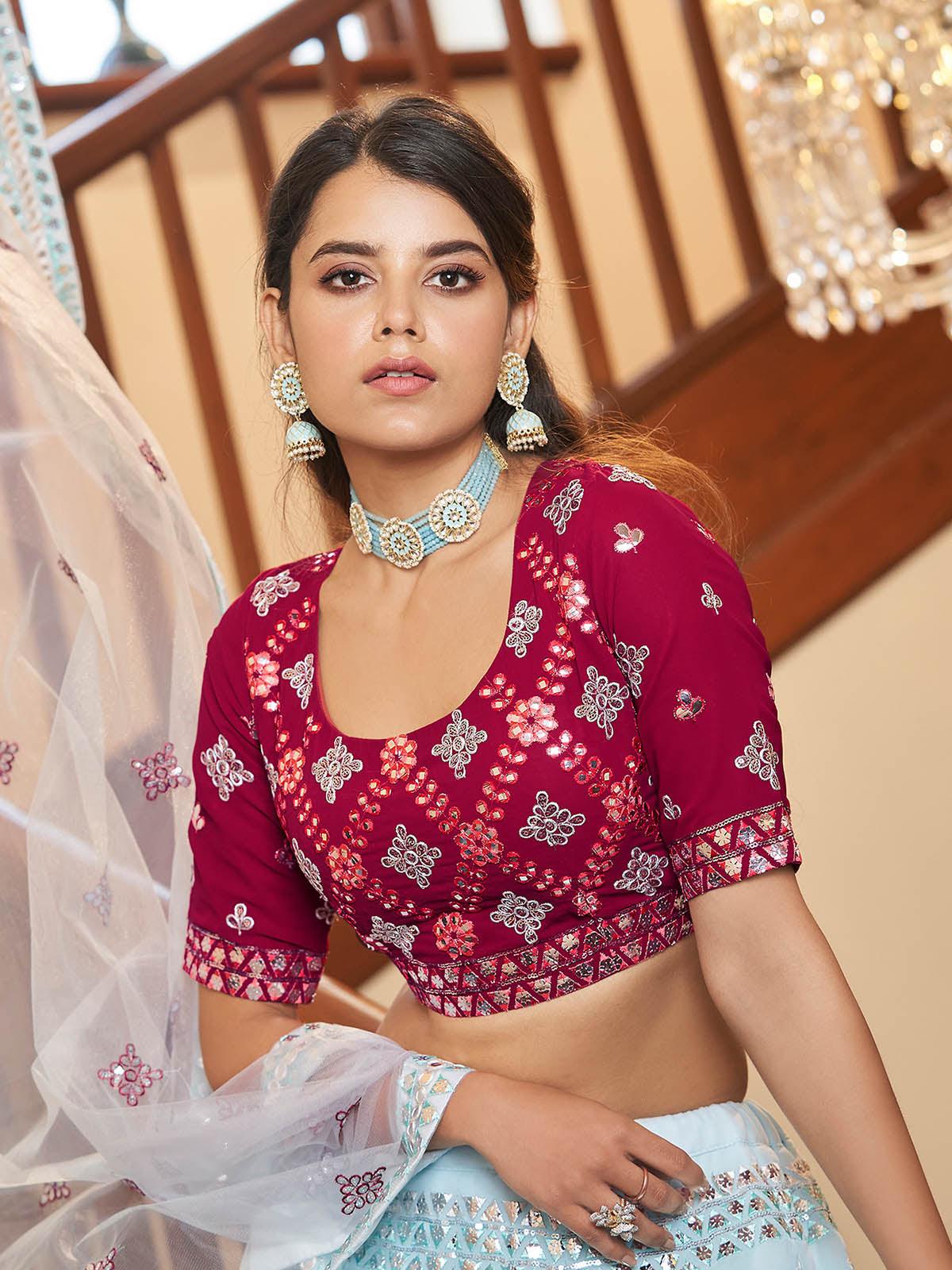 Odette Women Impressive Sky Blue Georgette Semi Stitched Lehenga With  Unstitched Blouse - Image 2
