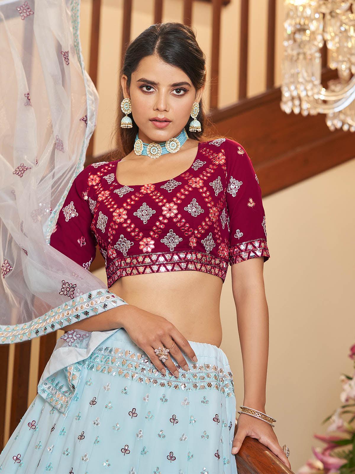 Odette Women Impressive Sky Blue Georgette Semi Stitched Lehenga With  Unstitched Blouse - Image 4