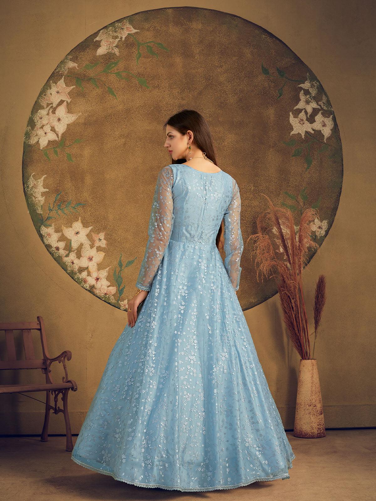 Odette Women Impressive Sky Blue Net Semi Stitched Gown - Image 2