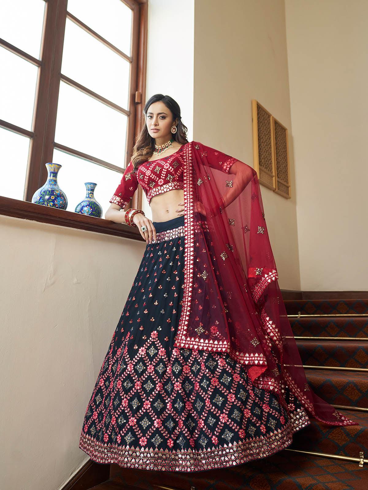 Odette Women Impressive Teal Green Georgette Semi Stitched Lehenga With  Unstitched Blouse - Image 3
