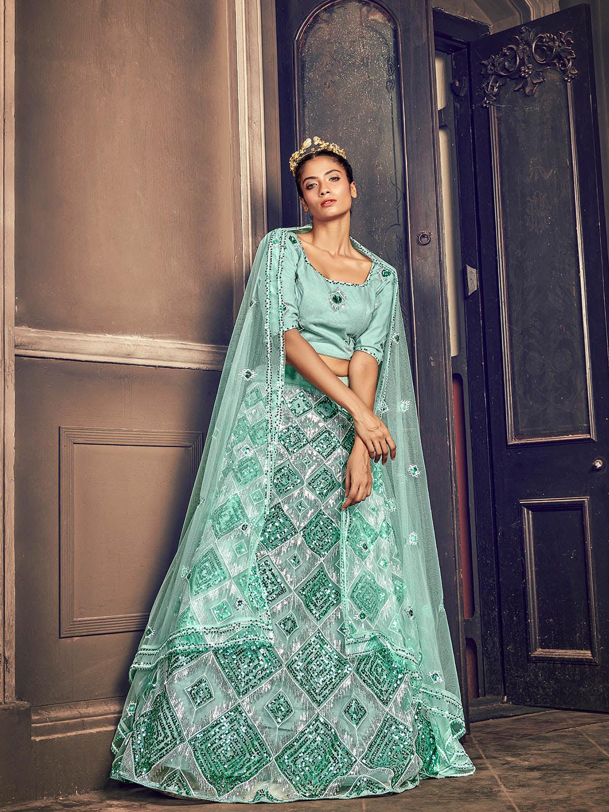 Odette Women Impressive Turquoise Blue Net Sequins Semi Stitched Lehenga With  Unstitched Blouse - Image 2