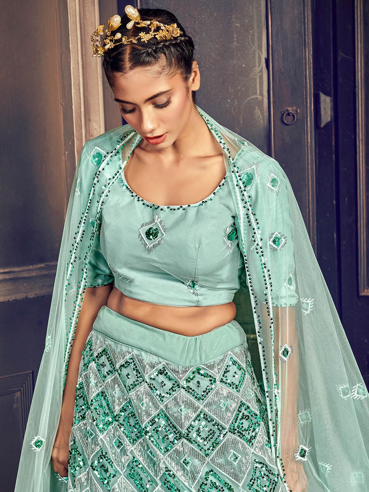 Odette Women Impressive Turquoise Blue Net Sequins Semi Stitched Lehenga With  Unstitched Blouse - Image 3