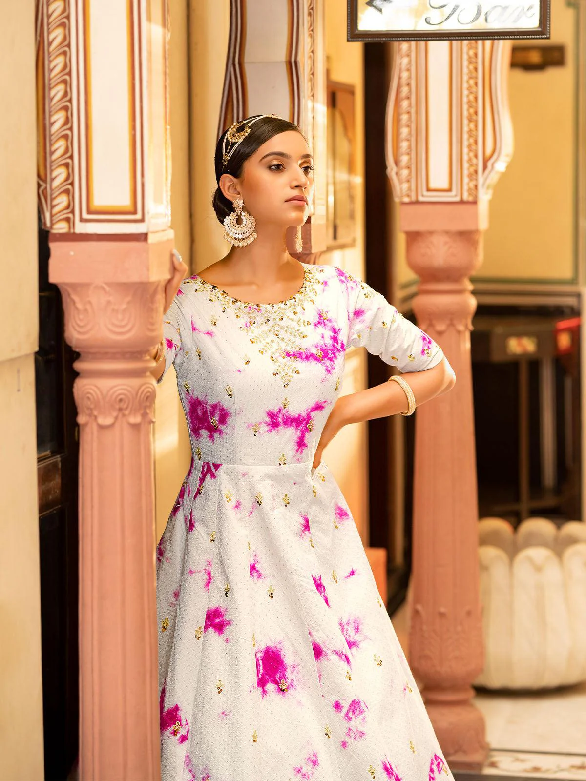 Odette Women Impressive White Cotton Semi Stitched Anarkali - Image 4