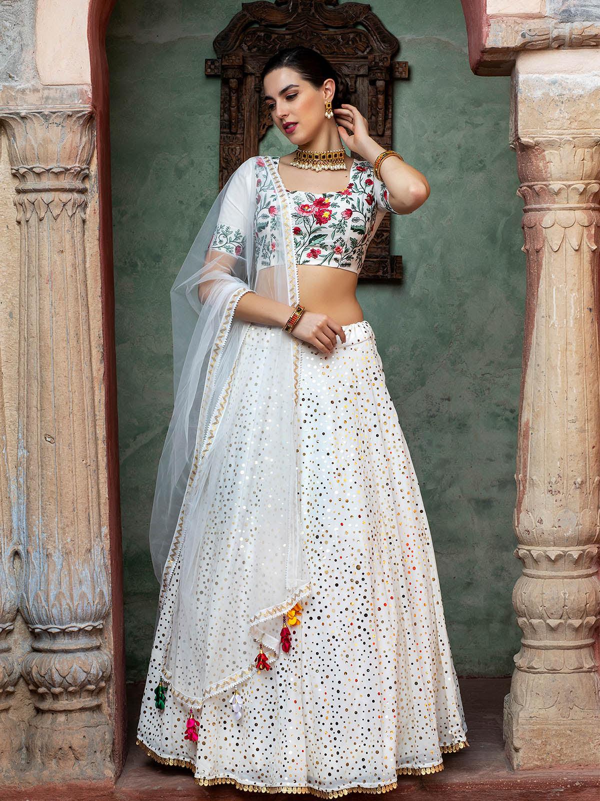 Odette Women Impressive White Georgette Semi Stitched Lehenga With  Unstitched Blouse - Image 2