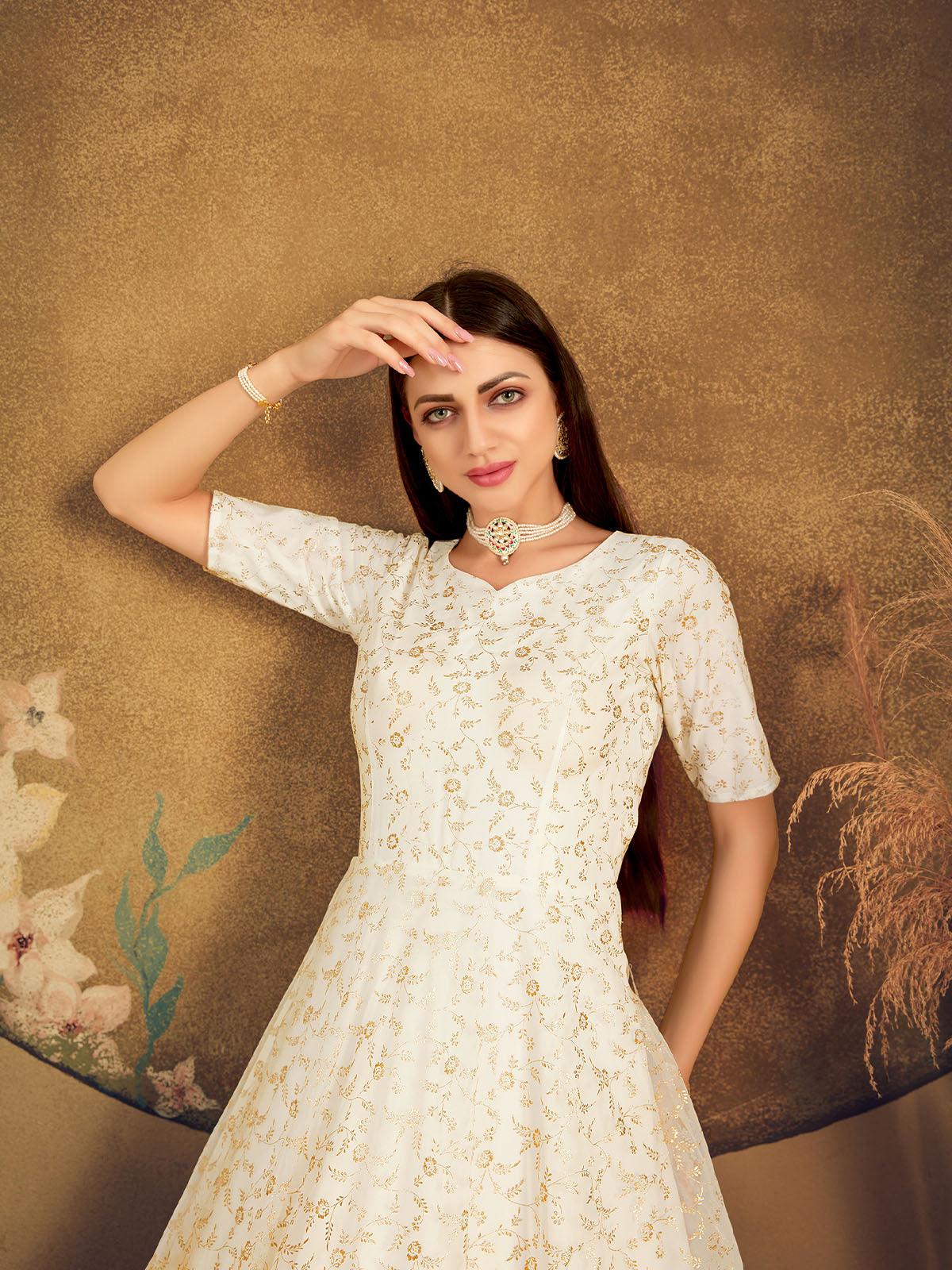 Odette Women Impressive White Net Semi Stitched Gown - Image 2