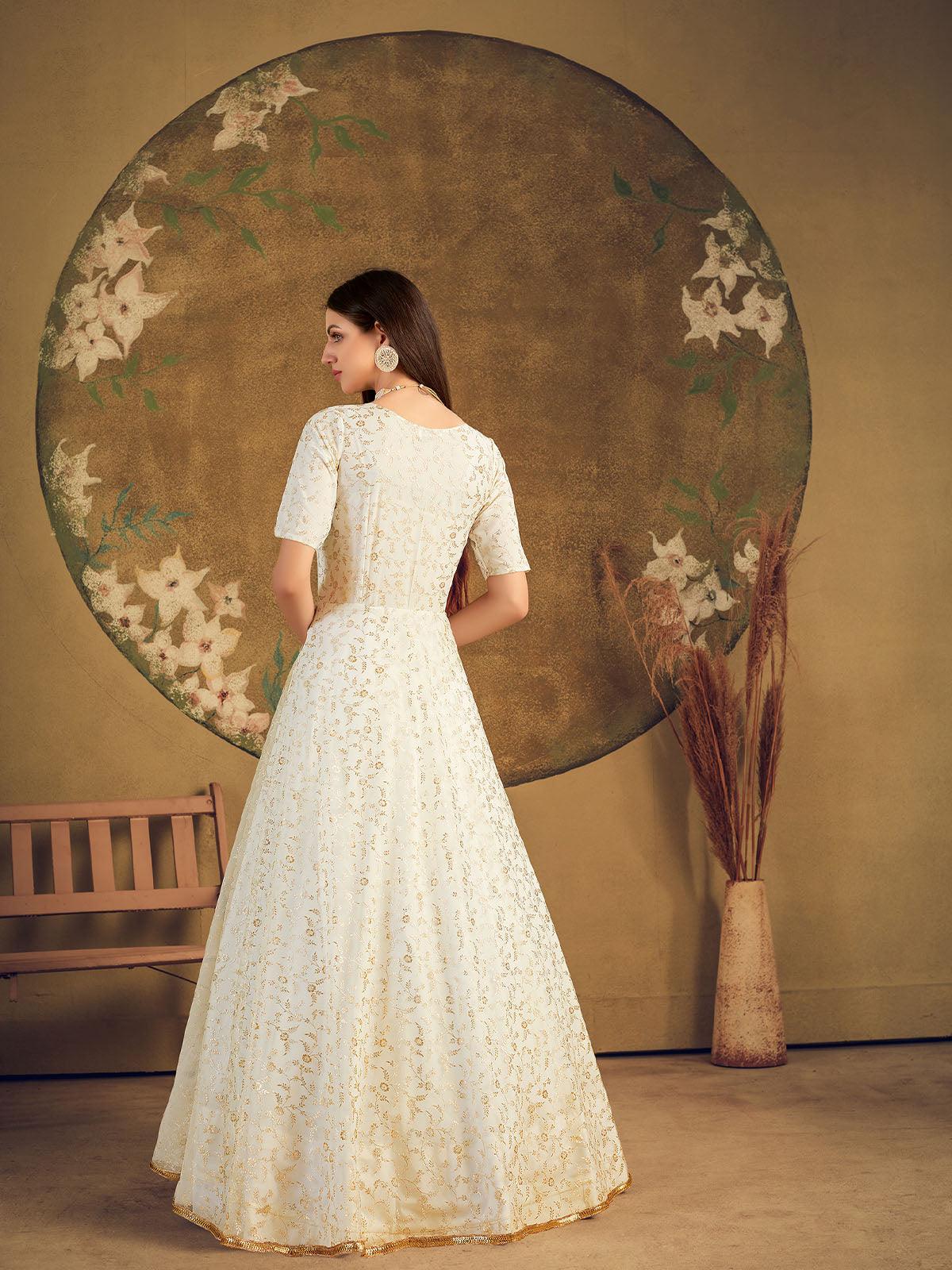 Odette Women Impressive White Net Semi Stitched Gown - Image 5