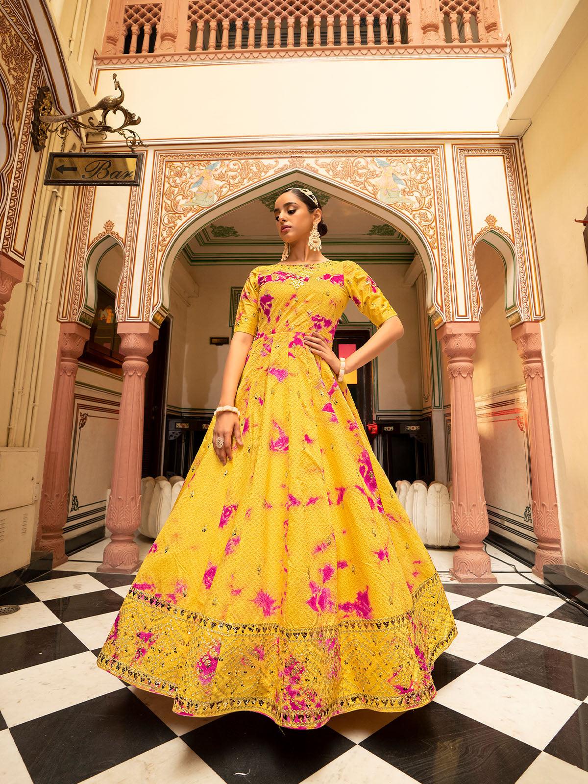 Odette Women Impressive Yellow Cotton Semi Stitched Anarkali - Image 3