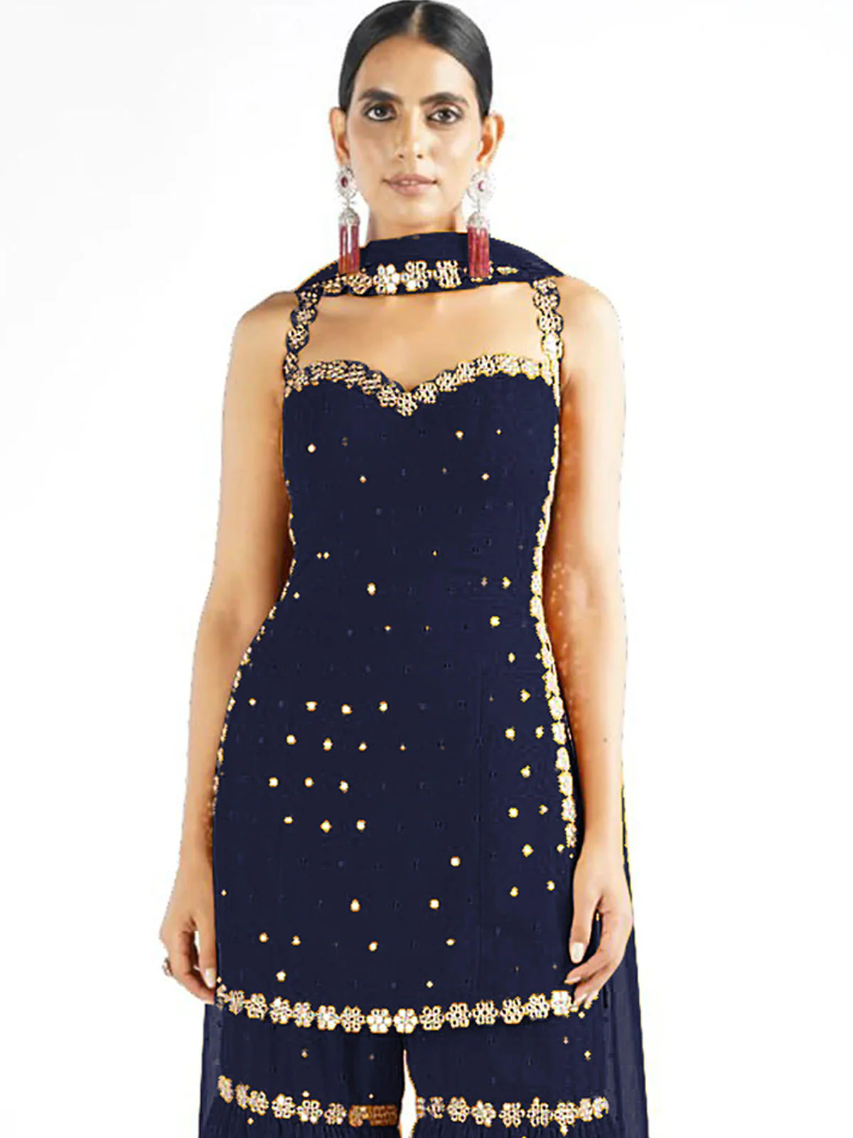 Odette Women Dark Blue Sequence Embroidered Georgette Semi Stitched Sharara Suit - Image 2