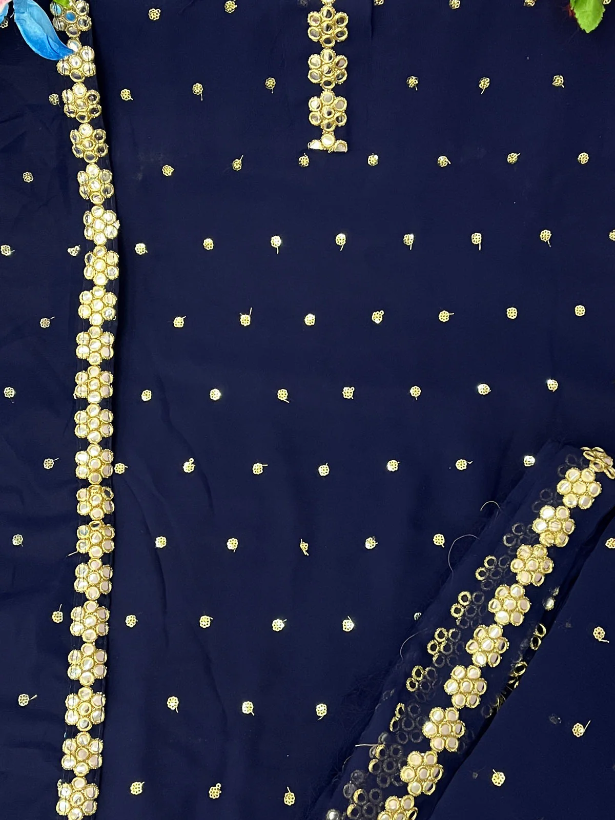 Odette Women Dark Blue Sequence Embroidered Georgette Semi Stitched Sharara Suit - Image 3