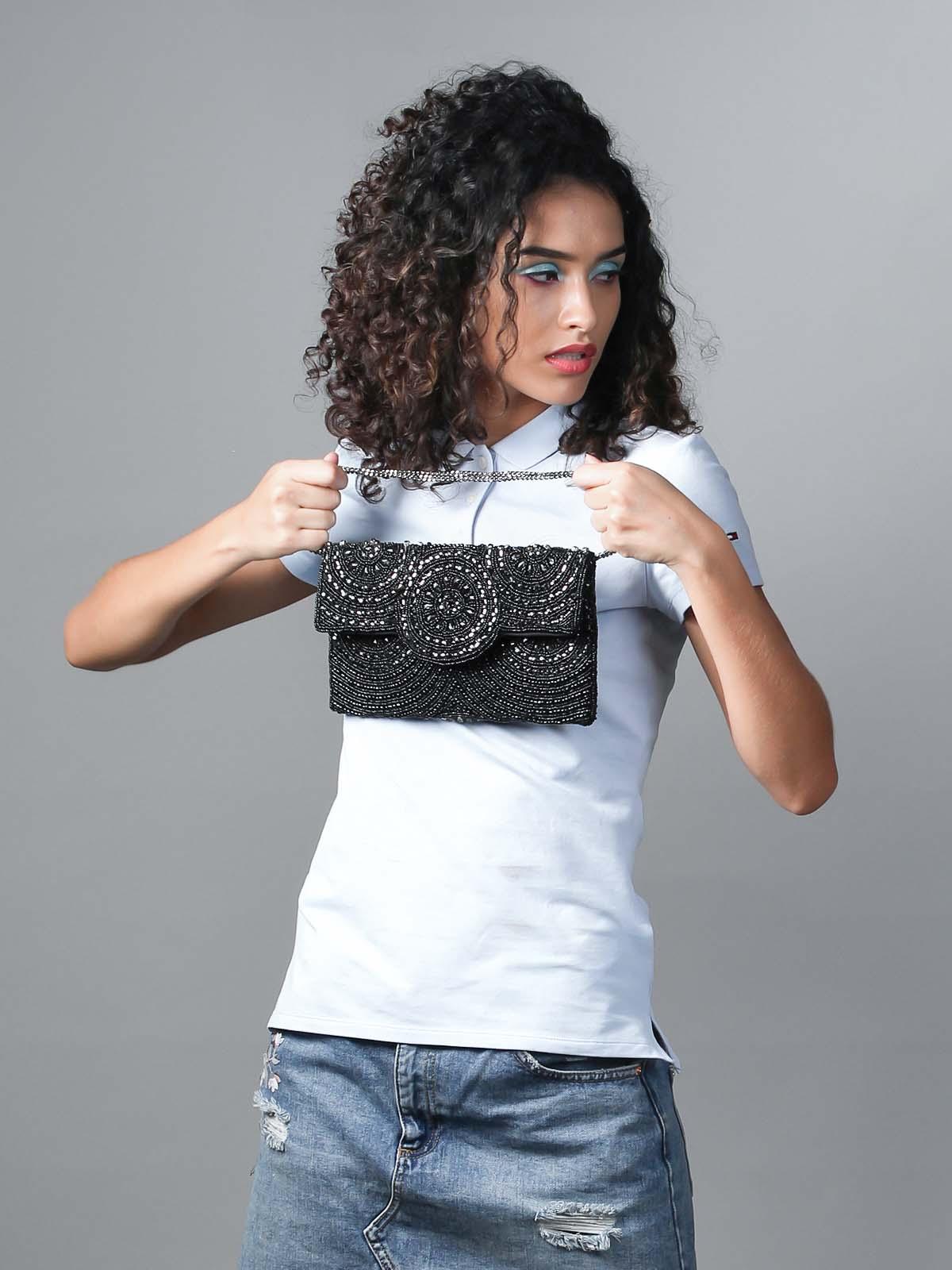 Odette Women Jet Black Gorgeous Embellished Sling Bag - Image 2