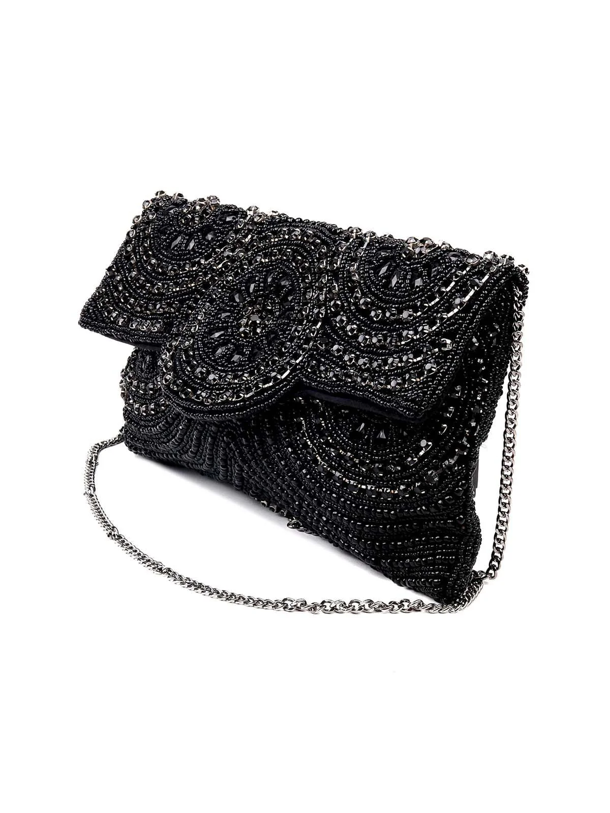 Odette Women Jet Black Gorgeous Embellished Sling Bag - Image 4
