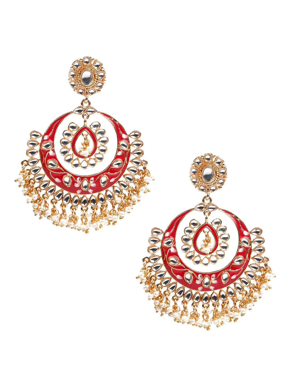 Odette Women Kundan Studded Meenakari Chandbali Earrings - Image 2