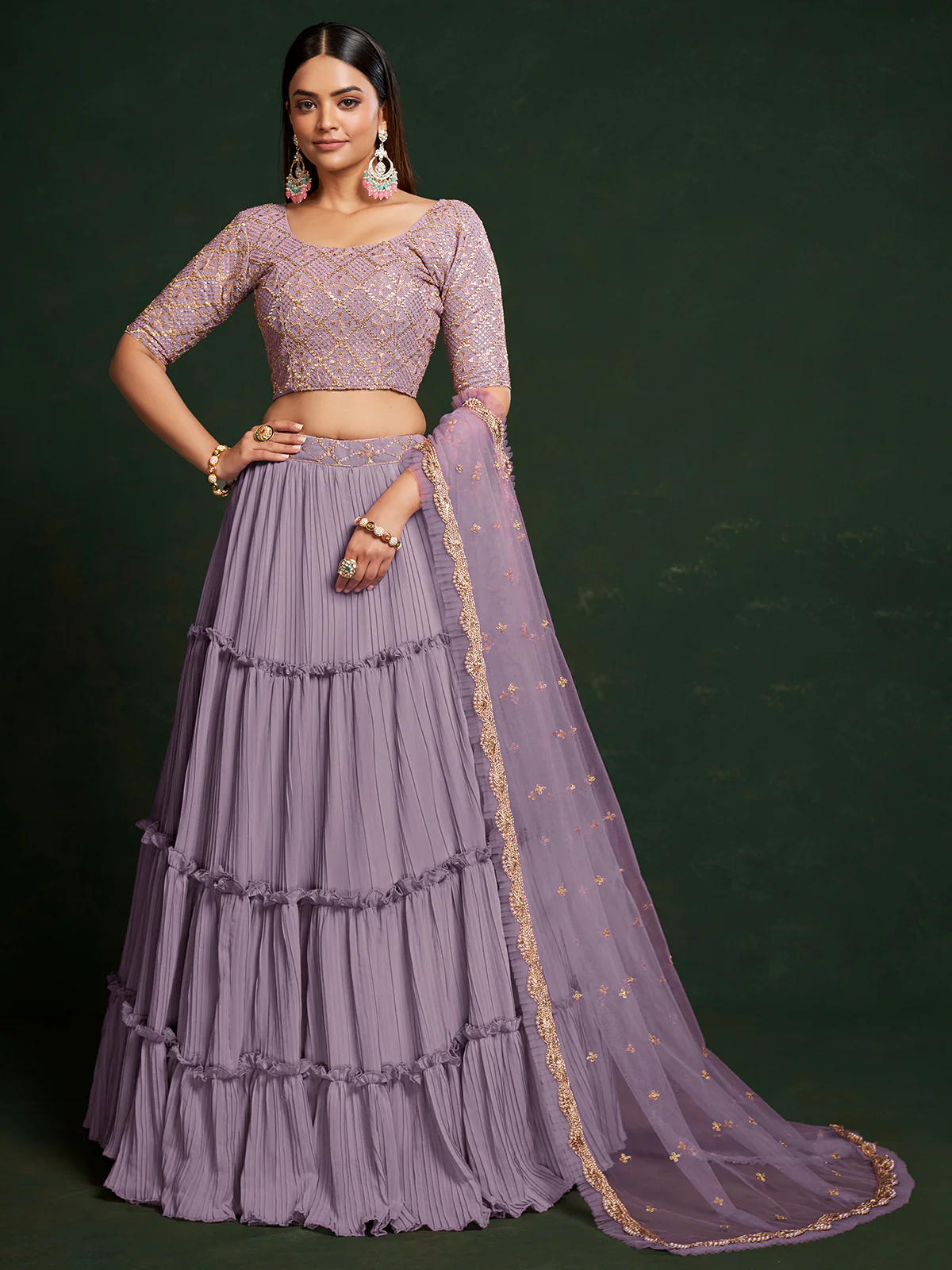 Odette Women Lavender Faux Georgette Semi Stitched Lehenga Choli - Image 3