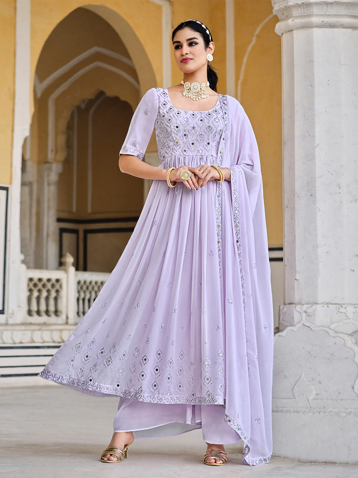 Odette Women Lavendar Georgette Embroidered Semi Stitched Salwar Suit - Image 2