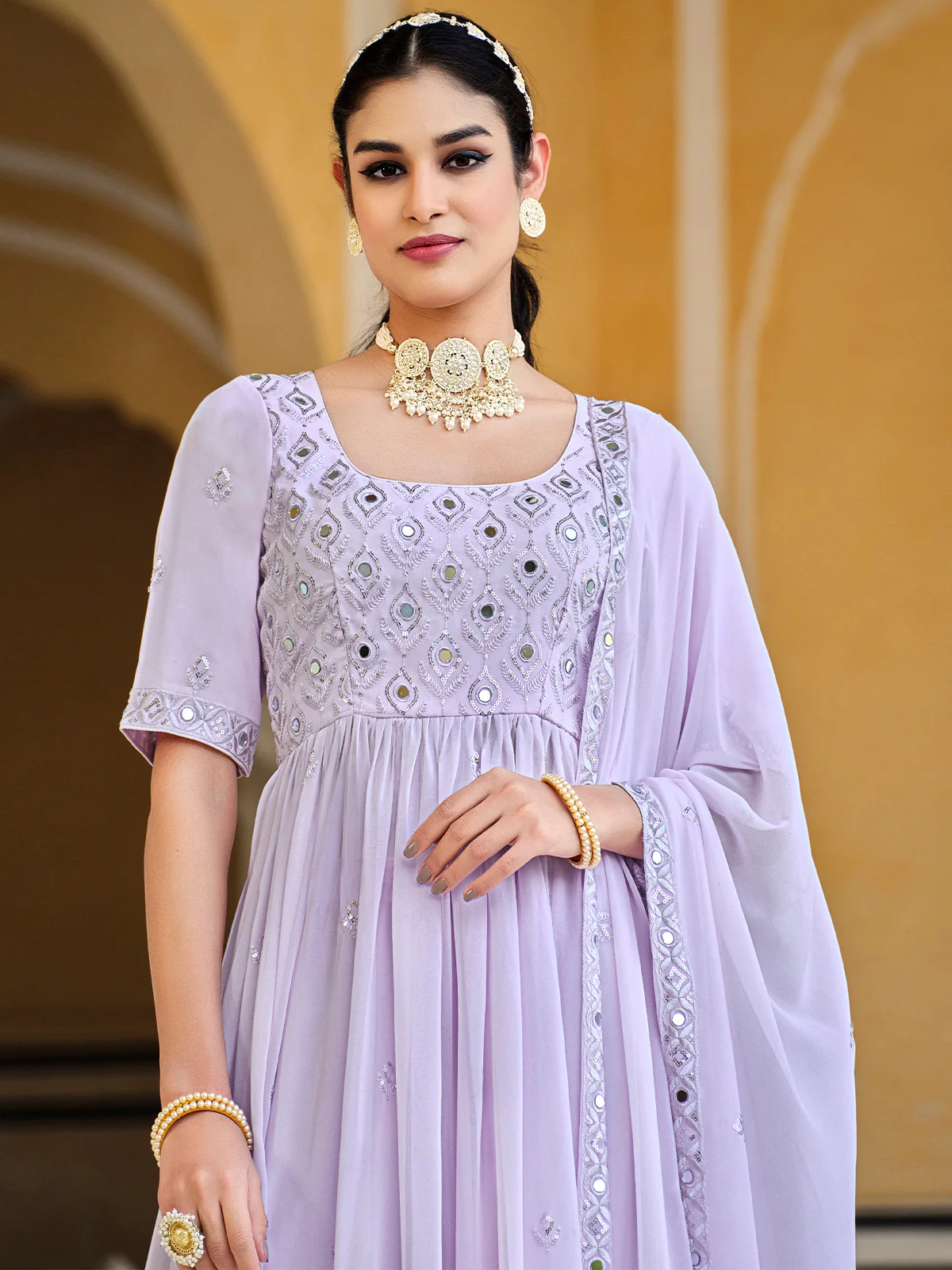 Odette Women Lavendar Georgette Embroidered Semi Stitched Salwar Suit - Image 3
